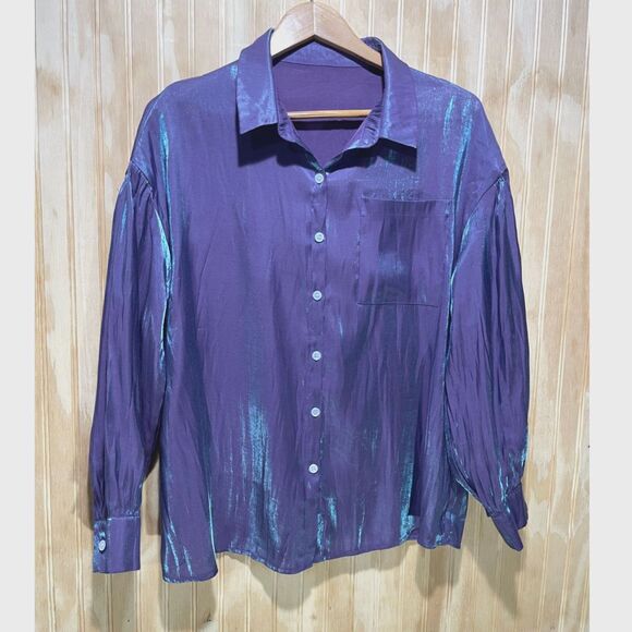 VTG button up shirt metallic purple festive holidays glam disco night out womenL - Picture 1 of 5